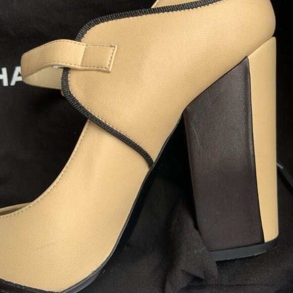 Chanel Colorblock Mary Jane Pumps Tan Black Retro Block Heel - Picture 10 of 12